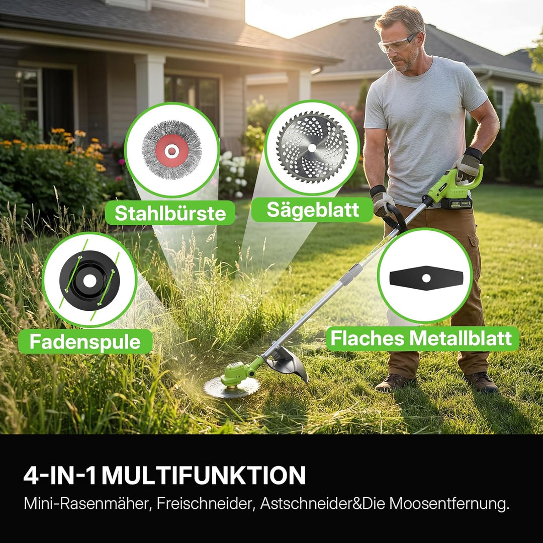 WORKIT Rasentrimmer mit Akku, Freischneider mit 2x4.0Ah Akkus und 4 Messertypen, Bürstenlose, 20V, S