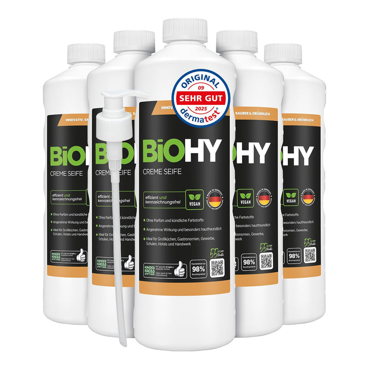 BiOHY Creme Seife (6 x 1 Liter) + Pumpspender | Hautschonende, rückfettende &amp; geruchsneutrale Handse