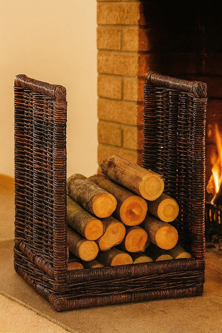 Kobolo Kaminholzablage Kaminholzregal - krabu Rattan - mit Leinenstoff - 48x44x74cm