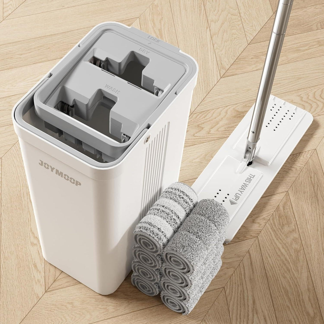 JOYMOOP Wischmopp und Eimer mit Auswringer-Set, Flacher Bodenwischer und Eimer, mit 8 Mikrofaser-Pad