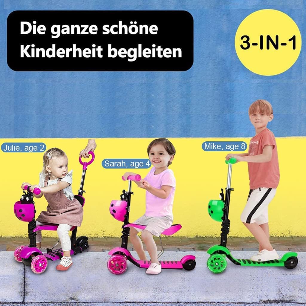 Kinder Roller mit abnehmbarem Sitz, blinkende LED-Räder, höhenverstellbarer 3-Rad-Tretroller mit Sch