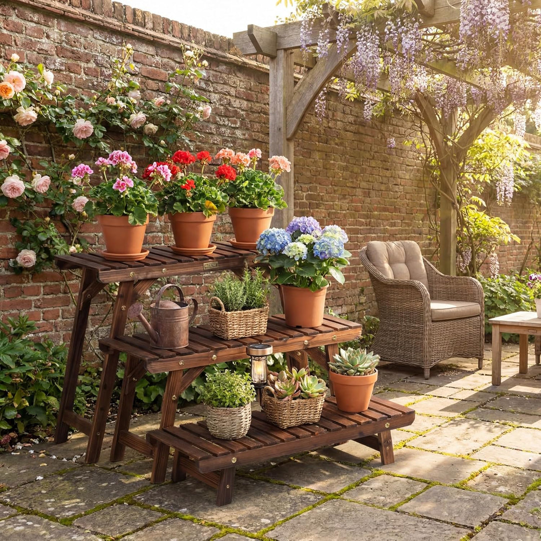 GYMAX 3-stufiges Blumenregal, kombinierbarer Pflanzenregal Outdoor, Pflanzenständer Blumenständer au