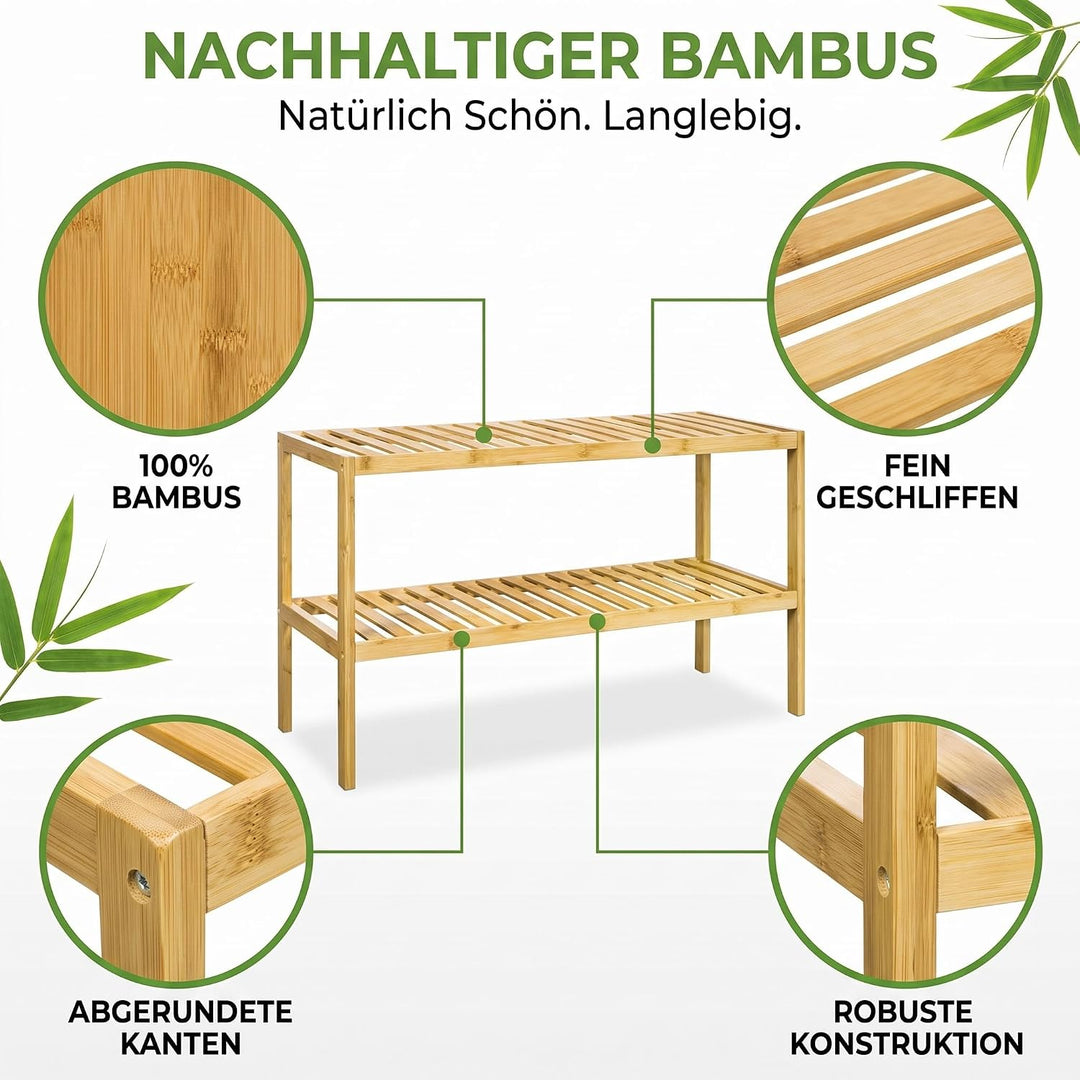 hausleben Bambus Schuhregal, 2 Ebenen, 70x28x33 cm, Naturholz Standregal | Platzsparendes Design, Le