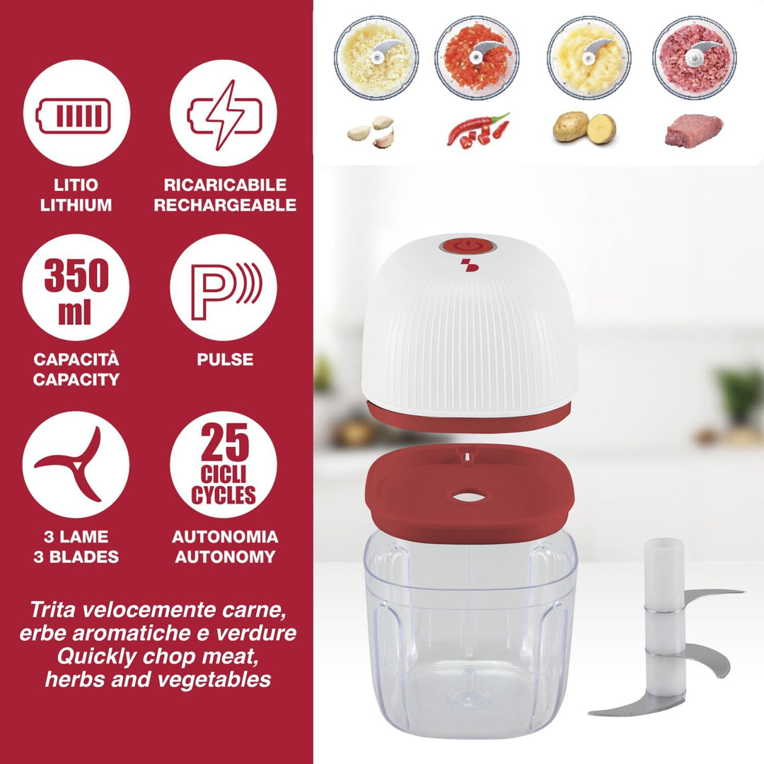 BEPER P102ROB051 Wiederaufladbarer Mini-Zerkleinerer, 350 ml, kabelloser Zerkleinerer mit 3 Klingen