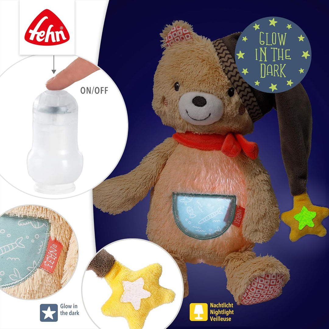 Fehn Nachtlicht Bär – Schlummerlicht & Einschlafhilfe: Kuscheltier mit „Glow-in-The-Dark“-Bestickung