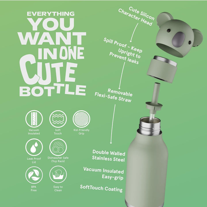 ASOBU Bestie Kindertrinkflasche mit Strohhalm – Isolierte Edelstahlflasche 420ml mit Koalakopf – Aus