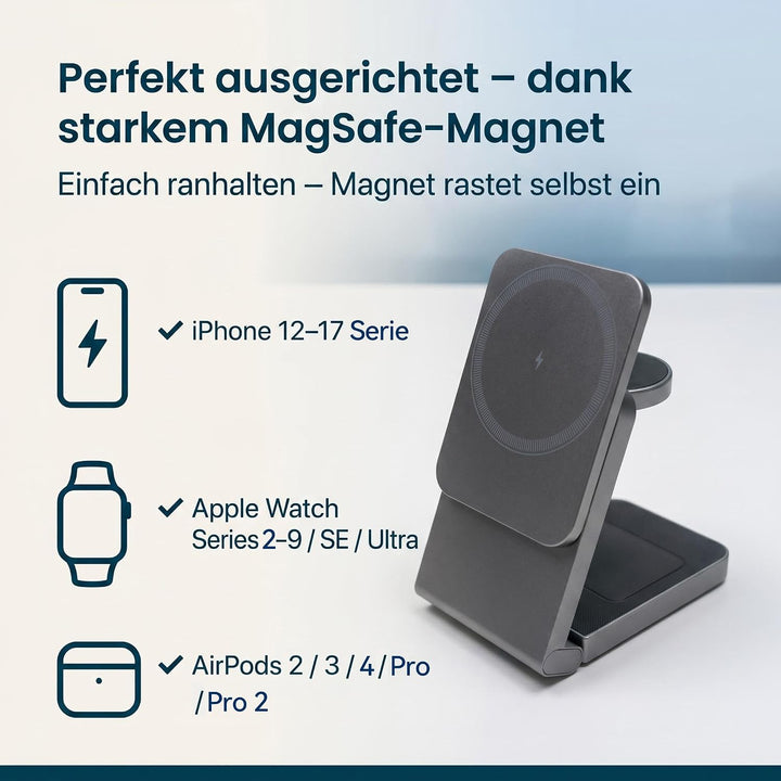3 in 1 Ladestation für iPhone/Apple Watch/AirPods mit 20W Adapter Metalgrau, Metalgrau