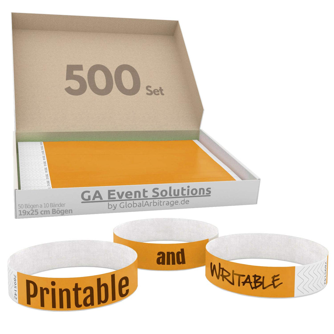 500 Eintrittsbänder aus Tyvek zum selbst gestalten und bedrucken in Orange von GA Event Solutions -