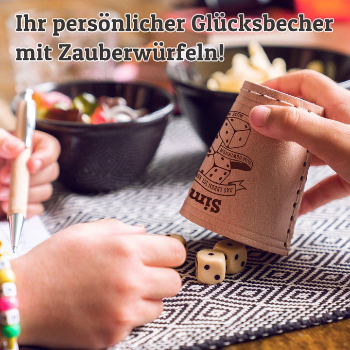 Diamandi Leder Würfelbecher mit Gravur - Personalisierung von Name + Motiv zur Auswahl inkl. 6 Würfe