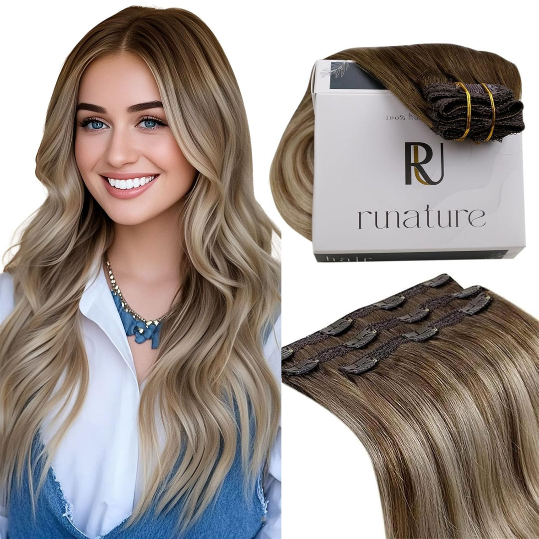 RUNATURE Balayage Braun Echthaar Extensions Clip Ombre Blond 40cm Invisible Clip in Hair Extensions