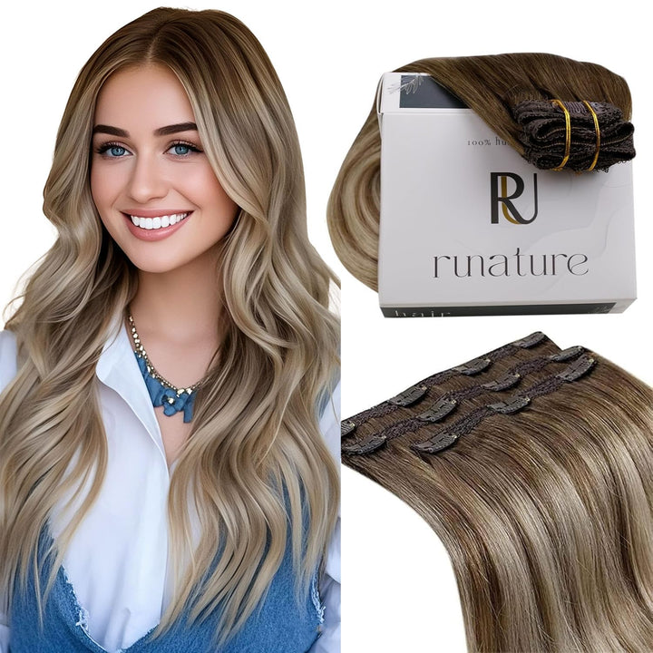 RUNATURE Balayage Braun Echthaar Extensions Clip Ombre Blond 40cm Invisible Clip in Hair Extensions