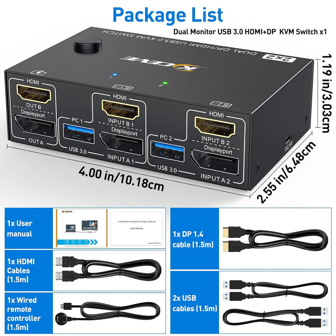 DP + HDMI KVM Switch 2 Computer 2 Monitore, Zwei Monitore Displayport USB 3.0 KVM Umschalter für zwe