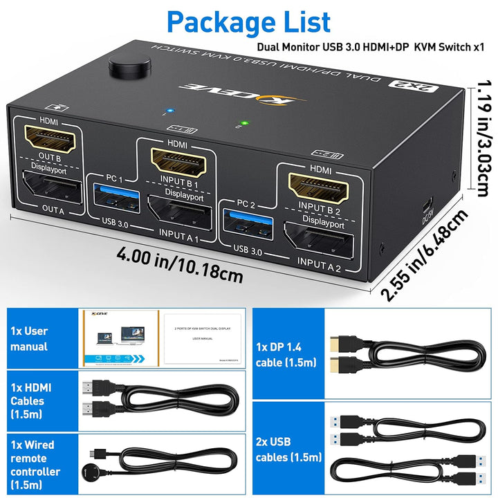 DP + HDMI KVM Switch 2 Computer 2 Monitore, Zwei Monitore Displayport USB 3.0 KVM Umschalter für zwe