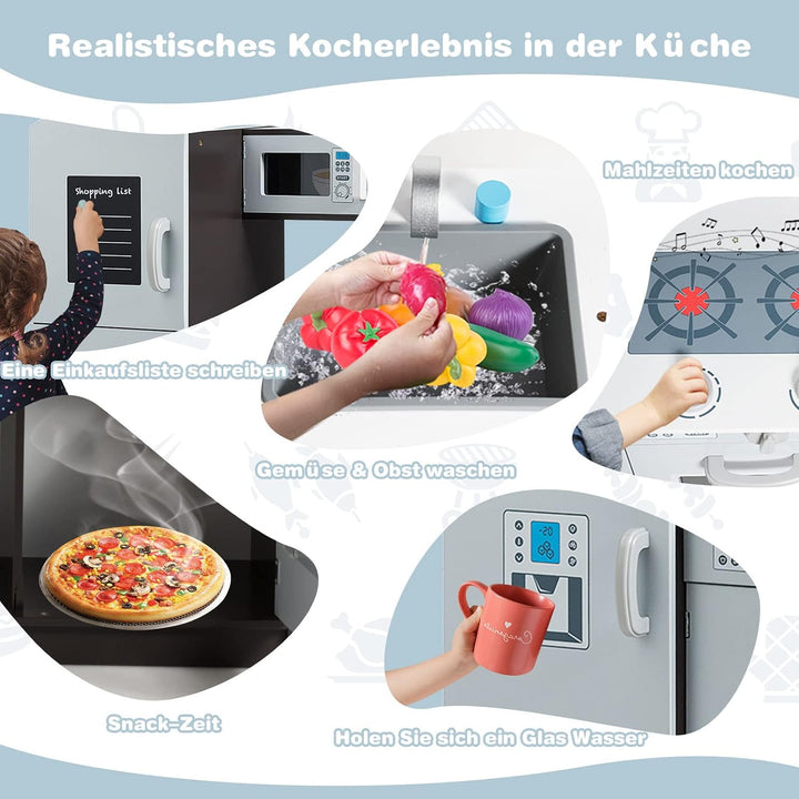 COSTWAY Kinderküche aus Holz, Spielküche mit Spüle und Wasserhahn, Herd mit Klickgeräuschen, Backofe