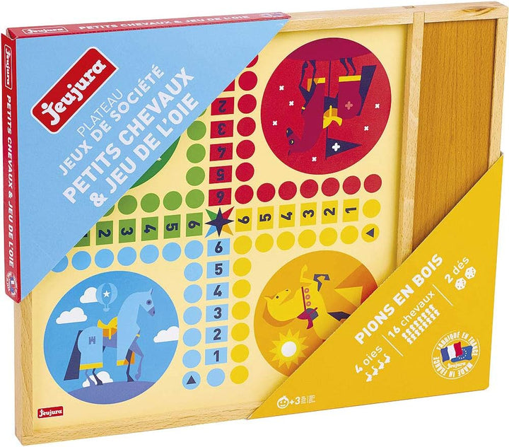 JeuJura 8117 Gänsespiel, und kleines Pferd – Tablett mit Federschale Holz Tablett mit Stift, Tablett