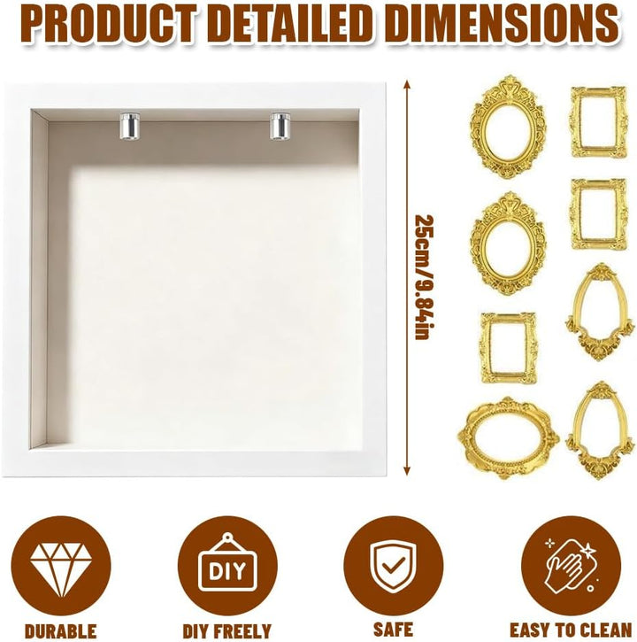 DIY Mini Museum Shadow Box mit LED Licht - Mini Bilderrahmen Vintage Set mit 8 Gold Rahmen & 8 Figur