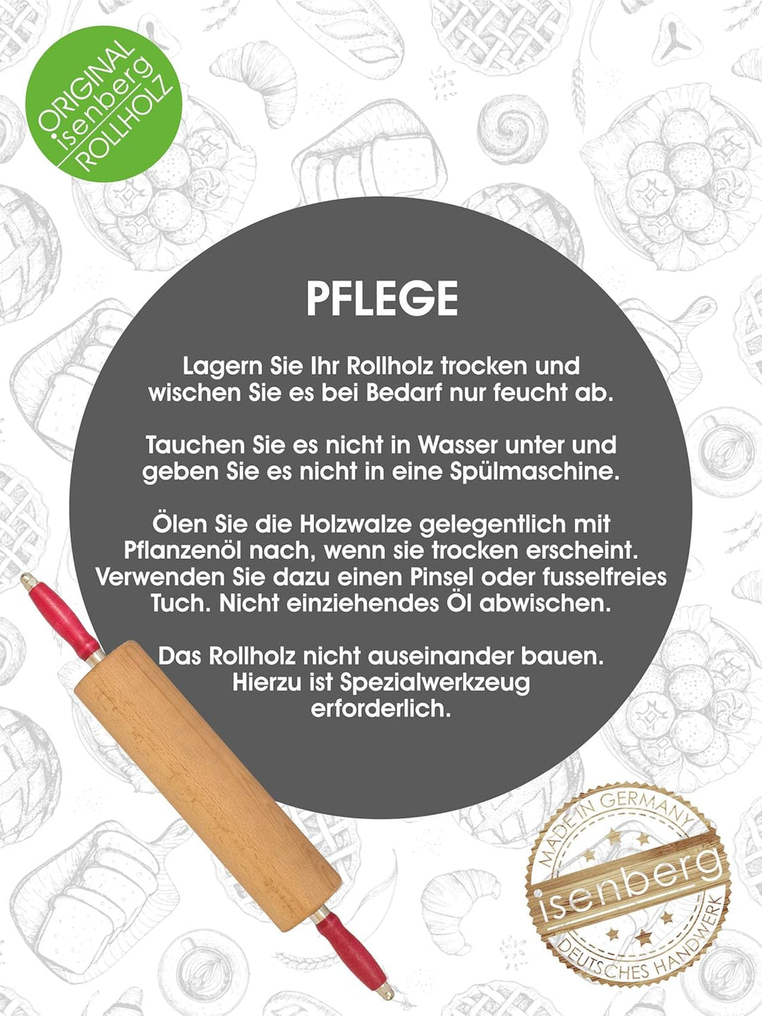 isenberg® Profi Rollholz - aus einem Stück Buchenholz - Kugelgelagert (25 cm) (Nudelholz, Teigrolle,
