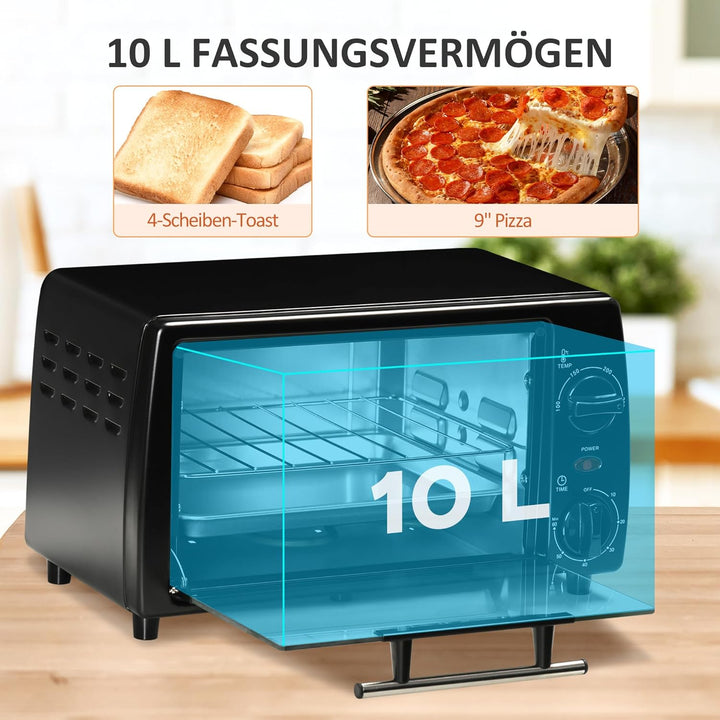 HOMCOM Mini Backofen 10 L 750W 100-230℃ 60 Min. Timer mit Backblech, Grillrost und Herausnehmbarer B