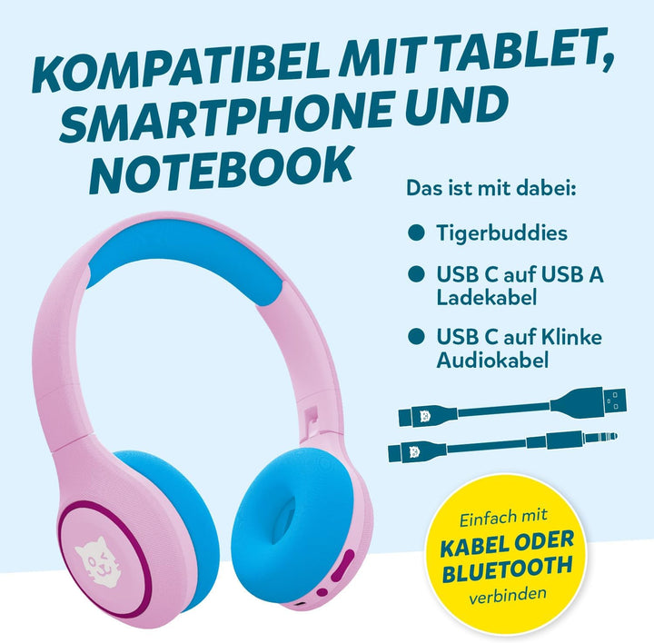 tigermedia tigerbuddies Bluetooth Kopfhörer Kinder | Faltbare Kinder Kopfhörer ab 4 Jahren | Mit Lau