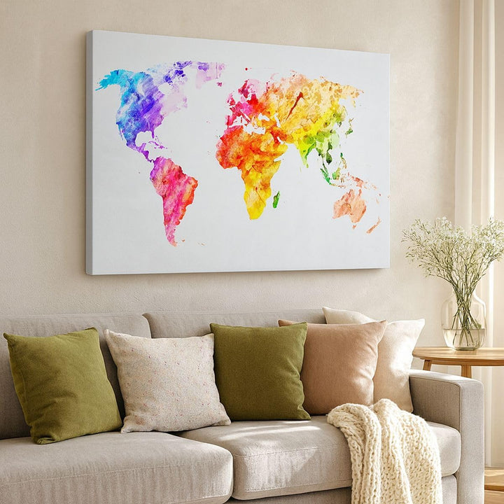 Bilder auf Leinwand 100x70cm Leinwandbild Welt Karte Bunt Kontinente Gross Wanddeko Bild Schlafzimme