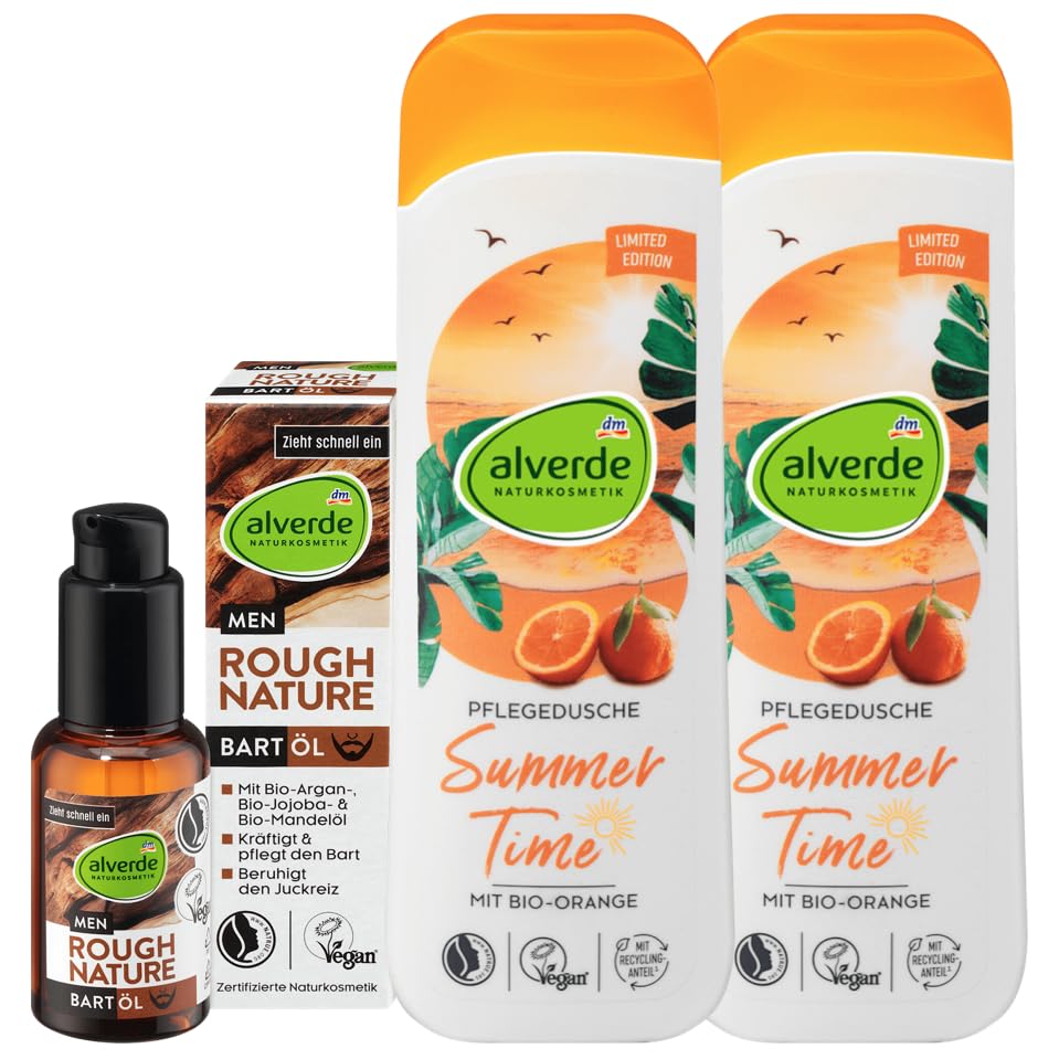 alverde NATURKOSMETIK 3er-Set Hautpflege: MEN Bartöl ROUGH NATURE kräftigt & pflegt Barthaar ohne zu