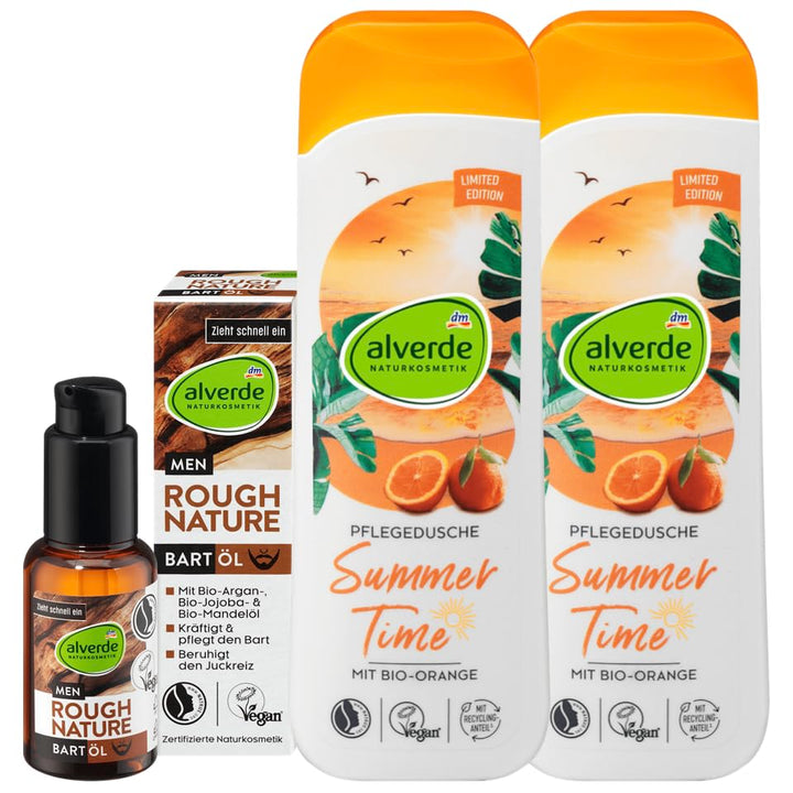 alverde NATURKOSMETIK 3er-Set Hautpflege: MEN Bartöl ROUGH NATURE kräftigt & pflegt Barthaar ohne zu