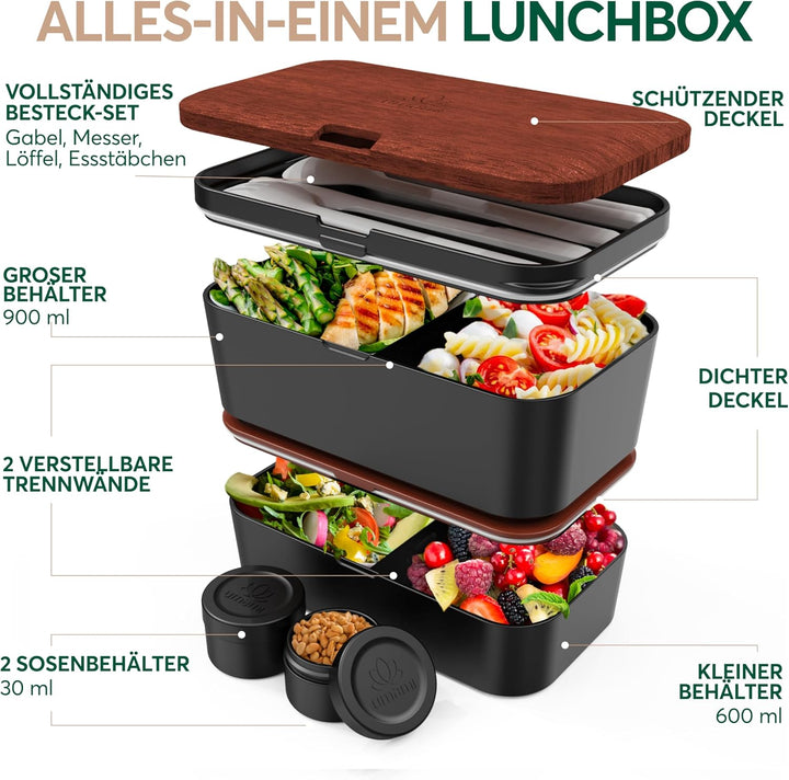 Umami Premium Lunchbox Erwachsene, Verschachtelbar Auslaufsichere Bento Box mit 4 Bestecke & Fächern