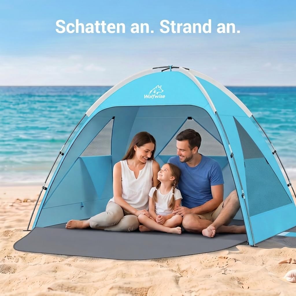 Wolfwise Strandmuschel UV Schutz, 3 Belüftungsfenster & Tragetasche, Strand Zelt mit erweiterbarem B