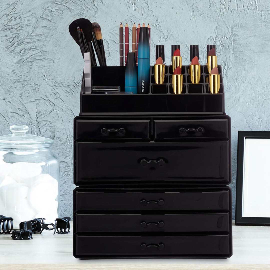 Relaxdays 2 x Kosmetikorganizer mit 6 Schubladen, 22 Fächer Make Up Organizer, grosse Schmink-Aufbew