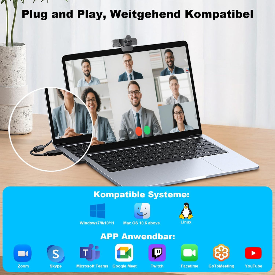 2K Full HD Webcam, Neefeaer USB Webcam mit Mikrofon und Abdeckung und Stativ, 85 Stichtfeld, Automat