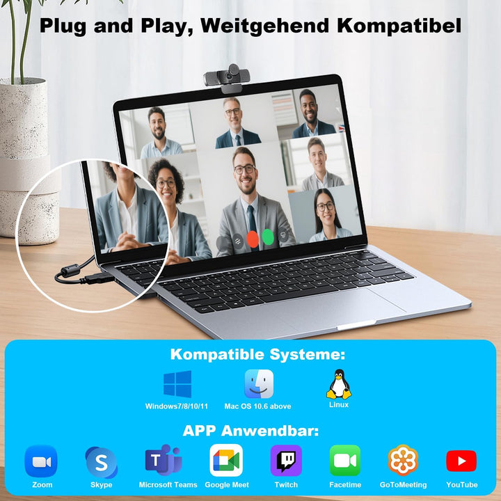 2K Full HD Webcam, Neefeaer USB Webcam mit Mikrofon und Abdeckung und Stativ, 85 Stichtfeld, Automat