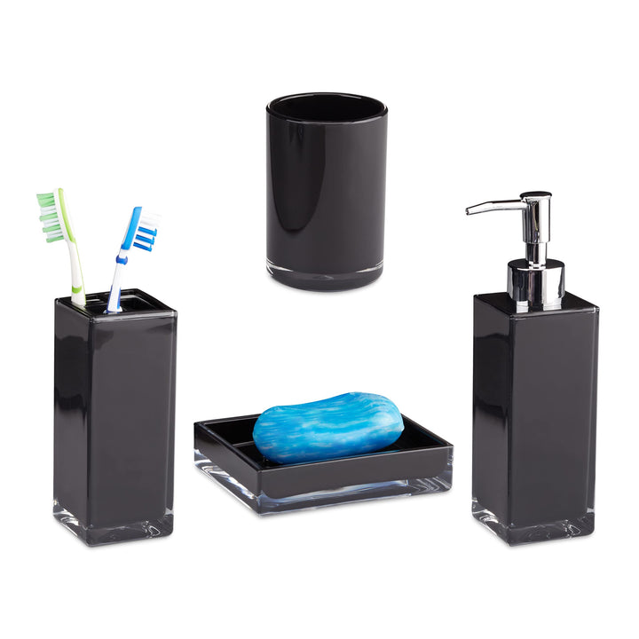 Relaxdays Badaccessoires Set 4-teilig, modern, Zahnputzbecher, Zahnbürstenhalter, Seifenspender, Sei
