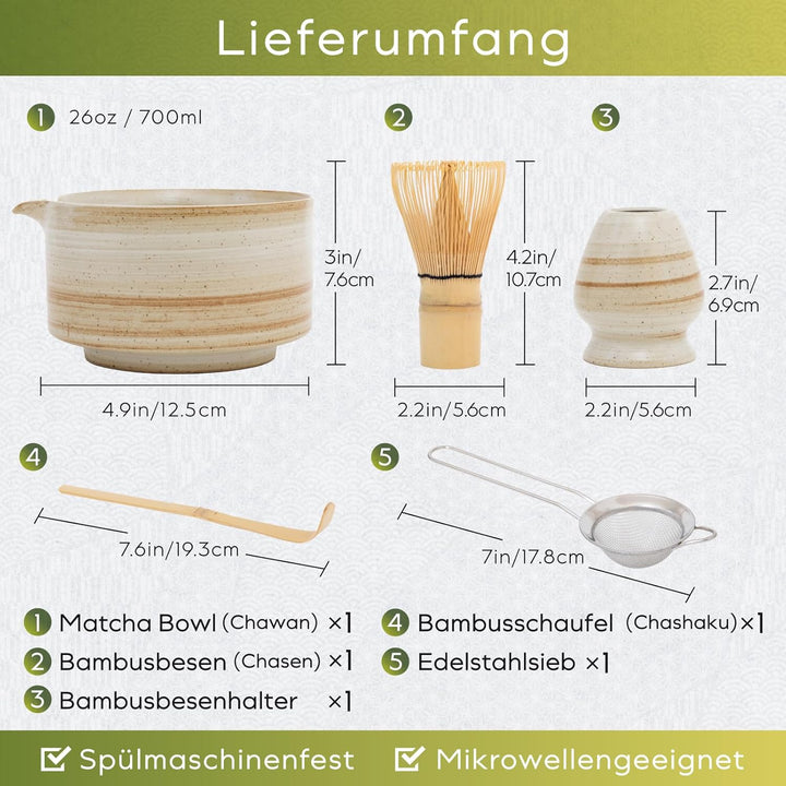 HIBINO Japanisches Matcha Set – Matcha Schale mit Ausguss, Matcha Besen & Halter, Bambus Löffel & Ed