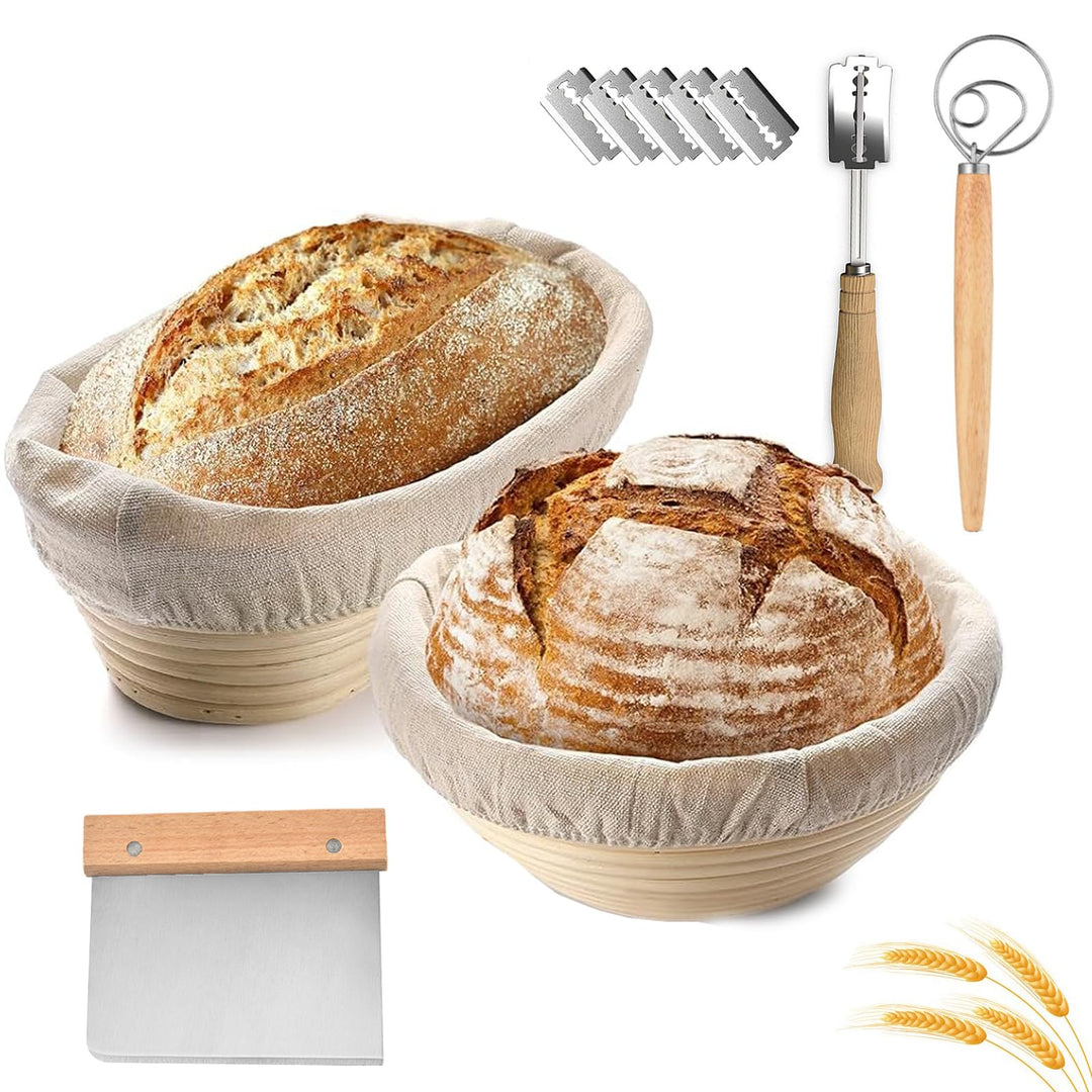 Gärkörbchen Set,Gärkorb zum Brotbacken 23cm Rund & 21cm Oval,100% Natürliches Rattan,Brotkorb Mit Le