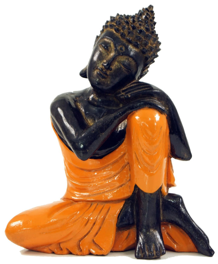 GURU SHOP Geschnitzte Sitzender Buddha Figur, Träumender Buddha - Orange/rechts, 28x21x12 cm, Buddha