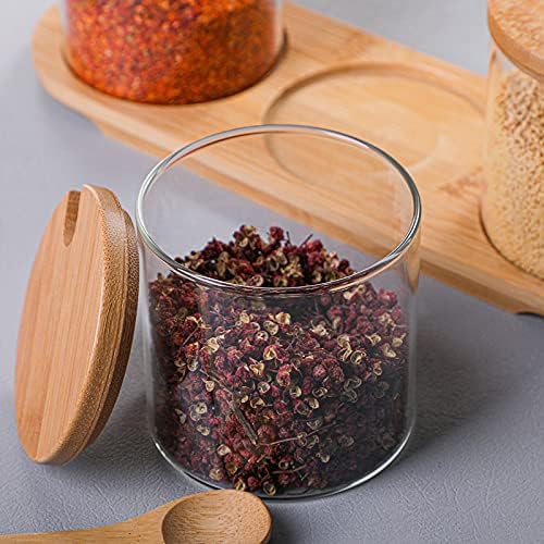 Gewürzbehälter 3er Set,300ml Gewürzgläser mit Löffel, Bambusdeckel und Base,Gewürzständer Glasgewürz