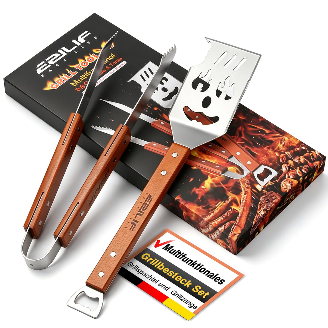 7-in-1 Grillbesteck Set, Multifunktionales Grillspachtel mit Grillzange Edelstahl, BBQ Grill Zubehör