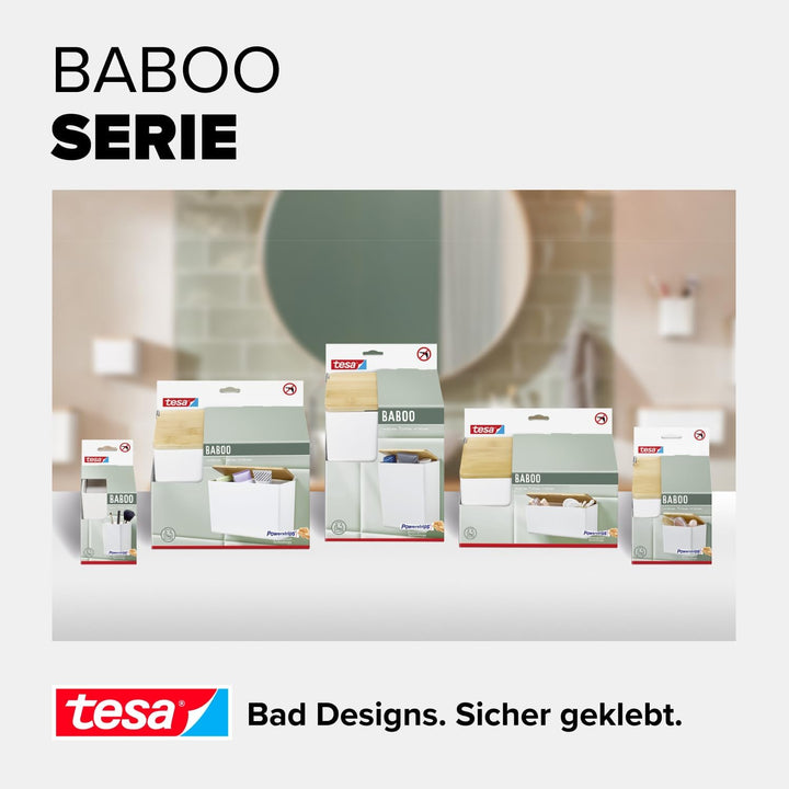 tesa® Baboo XL Badorganizer mit Bambus-Deckel, matt-weiss - Bad-Aufbewahrungsbox zur Wandmontage ohn