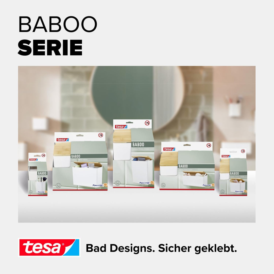 tesa Baboo L Badorganizer mit Bambus-Deckel, matt-weiss - Bad-Aufbewahrungsbox zur Wandmontage ohne