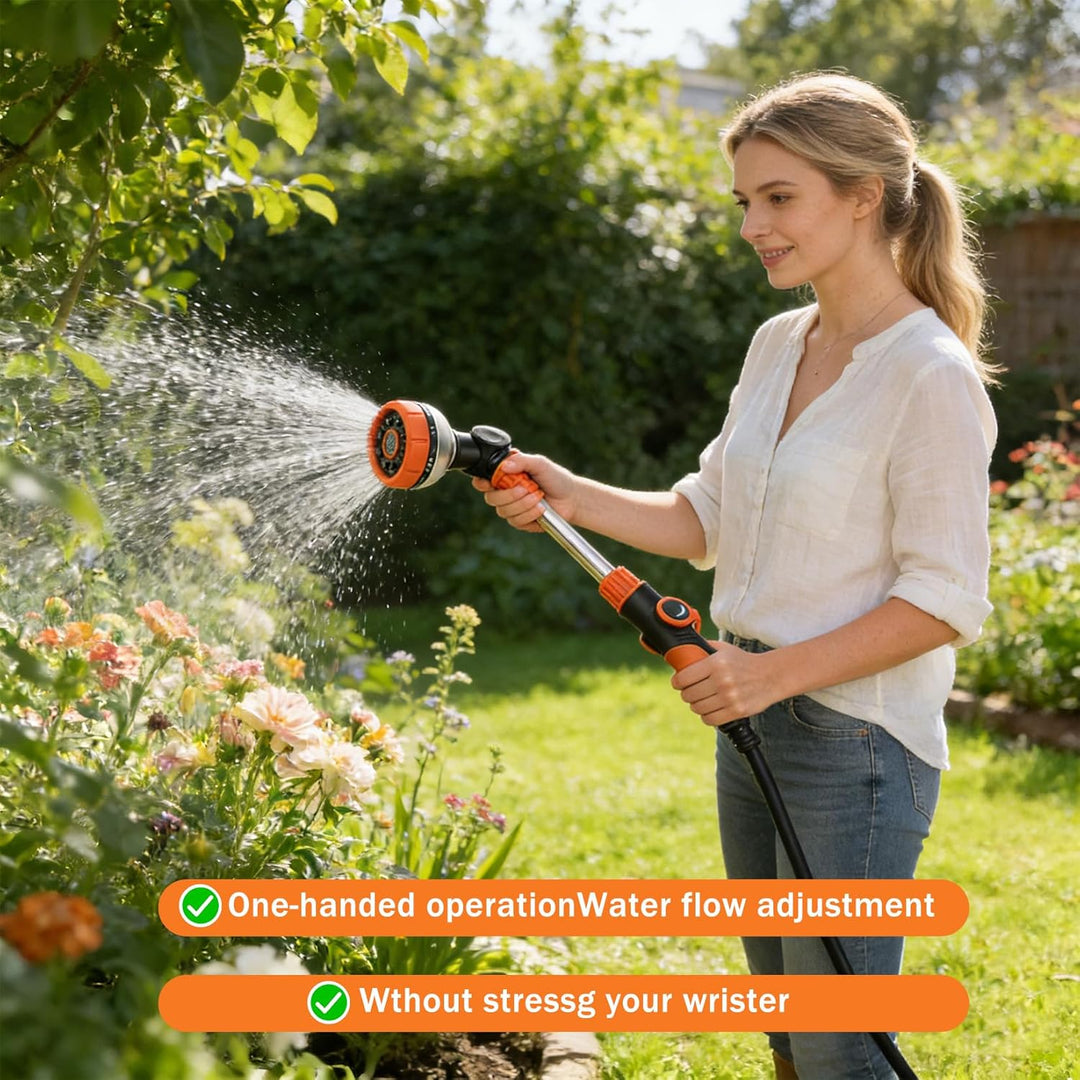 Idota Giessstab Lang 47CM Gartenbrause mit 180° Schwenkkopf 8 Sprühmustern für Garten, Beete (Orange