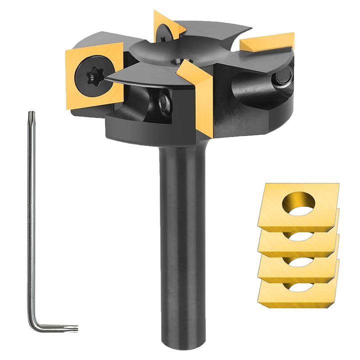 SpeTool Planfräser 8mm Schaft für Oberfräse 40mm Durchmesser mit 4 austauschbaren Hartmetallmessern
