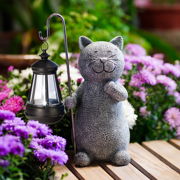 Yeomoo Katze Gartenfiguren für Aussen mit Solar Laterne – Lustig Wasserdicht Solarlampe Figur Garten
