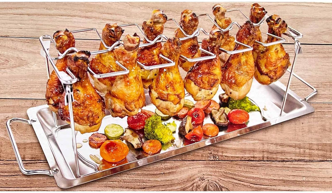 2x Edelstahl Hähnchenschenkel Halter mit Auffangschale für je 12 Schenkel Hähnchen Grill Backofen Hä