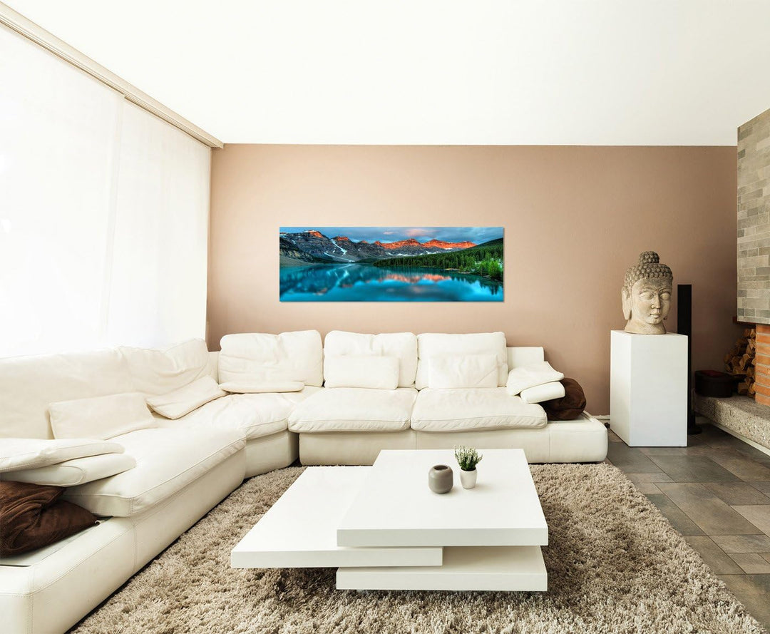 Paul Sinus Art Panoramabild auf Leinwand und Keilrahmen 150x50cm Landschaft Berge Wald See Sonnenauf