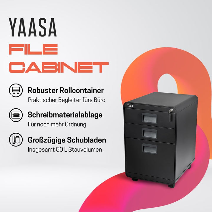 Yaasa File Cabinet Curved Standard Schwarz - Rollcontainer aus Stahl, Aktenschrank mit 3 verschliess