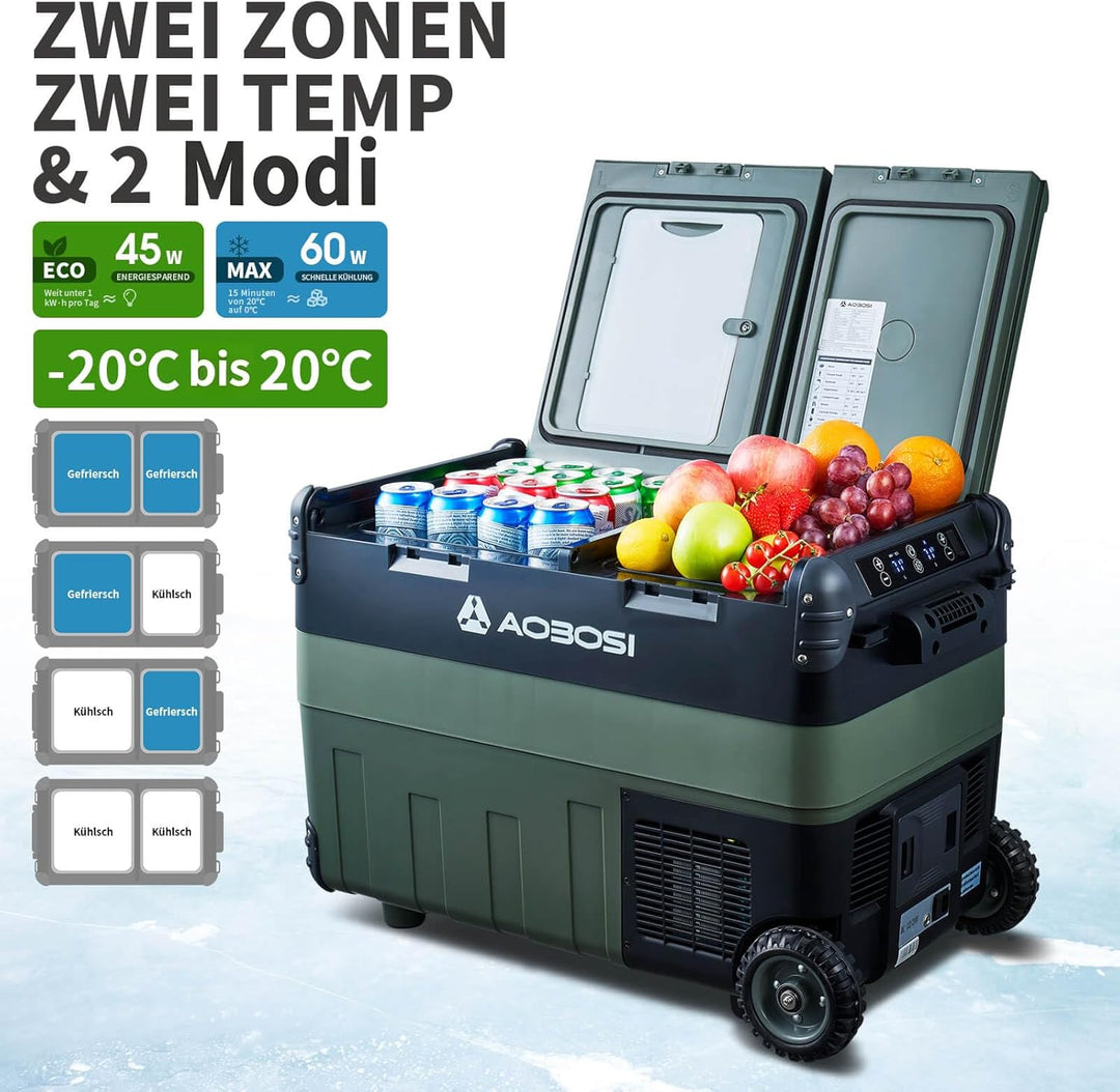 AAOBOSI 40L Kompressor Kühlbox, Dual Zone, Camping Kühlschrank mit APP | LED-Beleuchtung,12/24V und