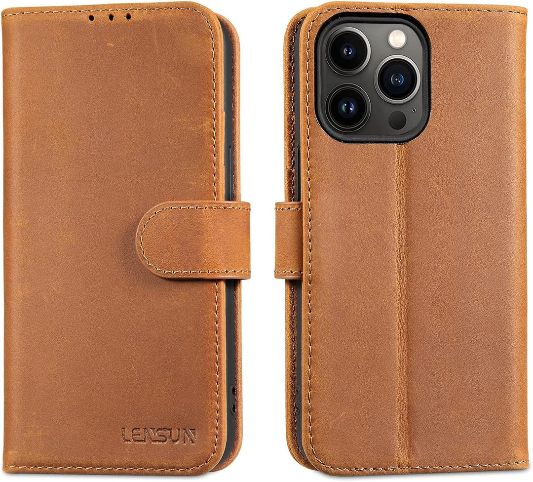 LENSUN Echtleder Hülle für iPhone 13 Pro, Handyhülle [Echtes Leder][Magnetverschluss][RFID Schutz] H