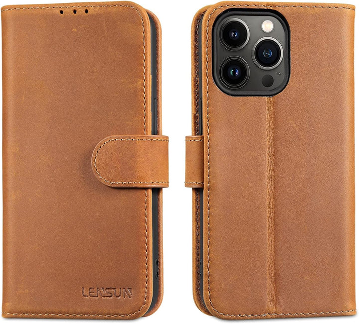 LENSUN Echtleder Hülle für iPhone 13 Pro, Handyhülle [Echtes Leder][Magnetverschluss][RFID Schutz] H