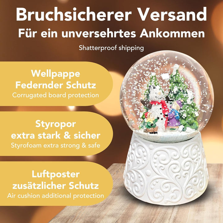 Schneekugel Weihnachten Spieluhr | Kinder Bauen Schneemann | Ornament Sockel weiss | Höhe 140mm Brei