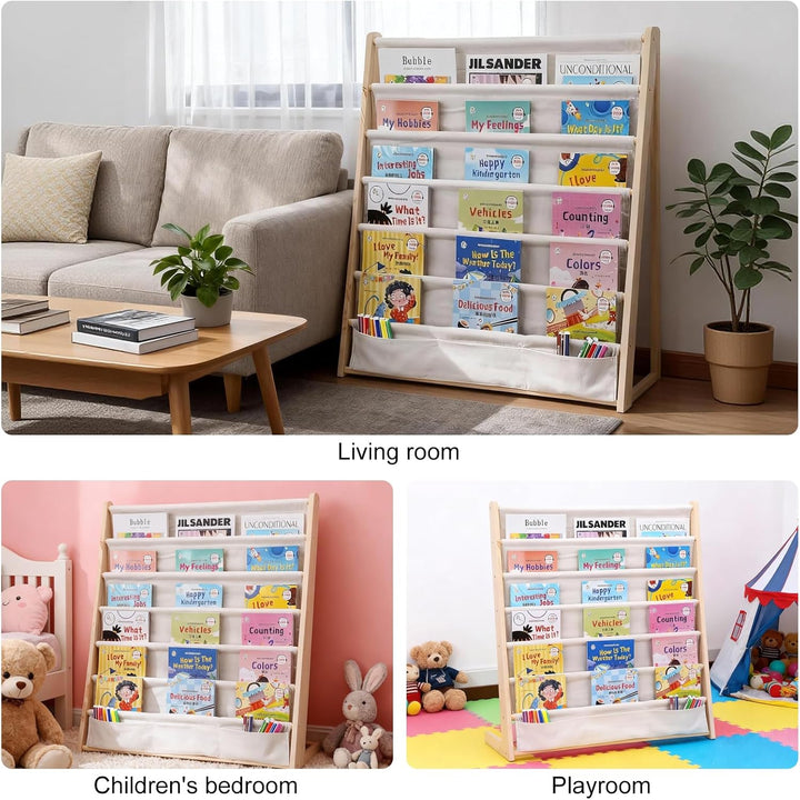 Bücherregal Kinder, 6 Ebenen Bücherregal Kinderzimmer, Aufbewahrung Kinderbücherregal mit Tasche, Bü